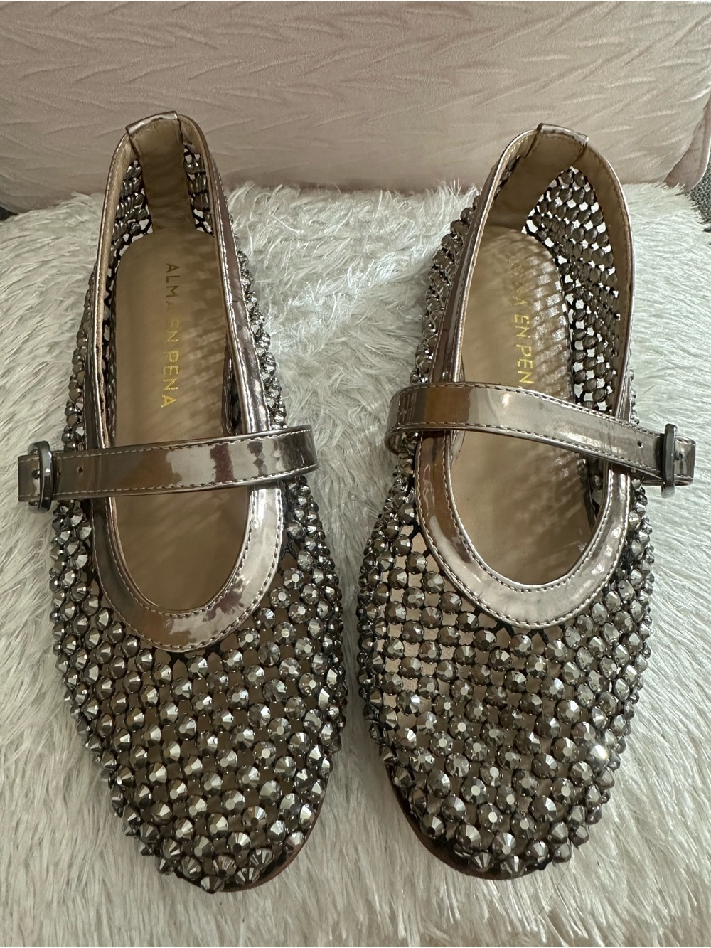 Metallic Silver Crystal Mary Jane Flats